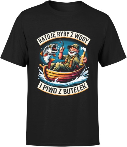 Wedkarska Ratuje Ryby Z Wody I Piwo Z Butelek Męska koszulka czarna 