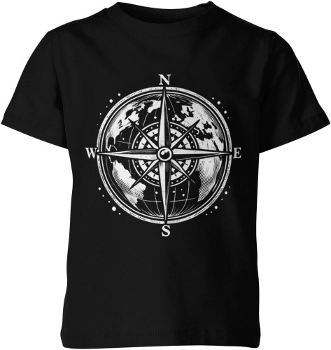 Kompas Globus Planeta Róża Wiatrów Dziecięca koszulka 
czarna 