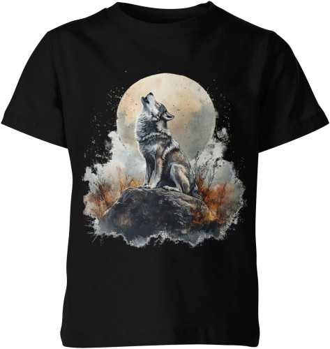 Kolorowy wilk na skale wyjący do pełni księżyca Dziecięca koszulka 