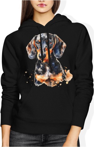 Czarny piesek jamnik z czarnym psem jamnikiem Damska bluza z kapturem 