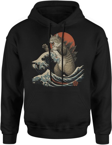 kot Godzilla fala japońska parodia sztuka retro vintage japonia kaiju Męska bluza z kapturem 