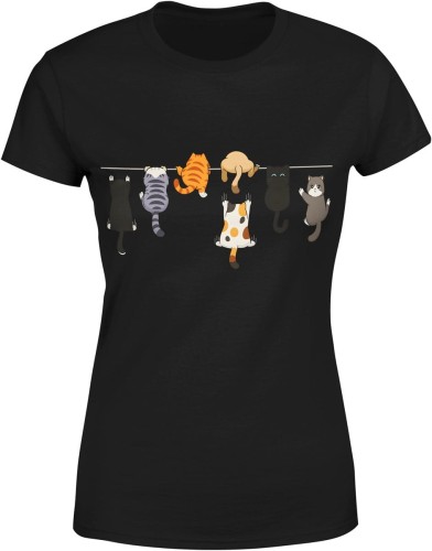 Słodkie koty wiszące na sznurku koci humor Damska koszulka 