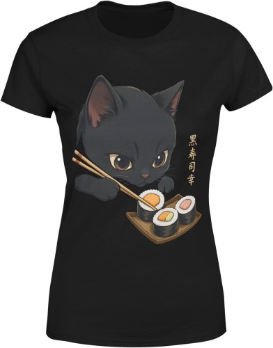 czarny kot sushi kawaii humor azjatycki vibe słodki Damska koszulka  