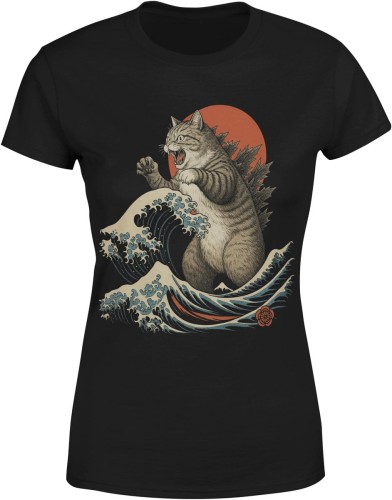 kot Godzilla fala japońska parodia sztuka retro vintage japonia kaiju Damska koszulka color:#000000