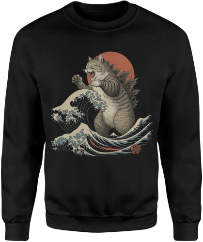 kot Godzilla fala japońska parodia sztuka retro vintage japonia kaiju Męska bluza  