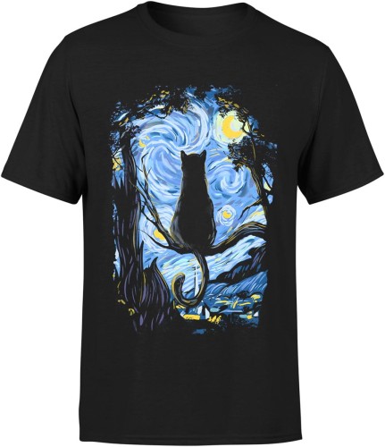 Kot w gwiaździstą noc styl van gogha artystyczny obraz Męska koszulka 
