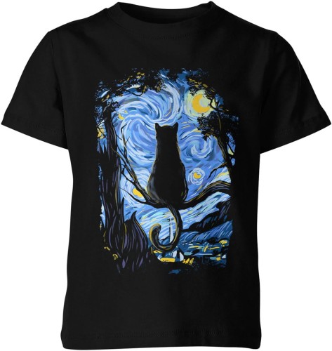 Kot w gwiaździstą noc styl van gogha artystyczny obraz Dziecięca koszulka  