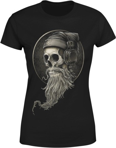 Czaszka z brodą i słuchawkami muzyczny motyw Damska koszulka color:#000000