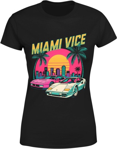 Miami Vice – retro klimat lat 80, szybkie auta i neonowe miasto Damska koszulka color:#000000