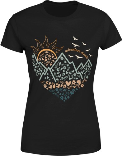 Adventure awaits słońce podróże przygoda Damska koszulka color:#000000
