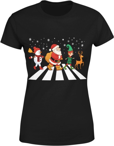 Mikołaj na przejściu – świąteczna parodia z elfem, reniferem i bałwanem Damska koszulka color:#000000