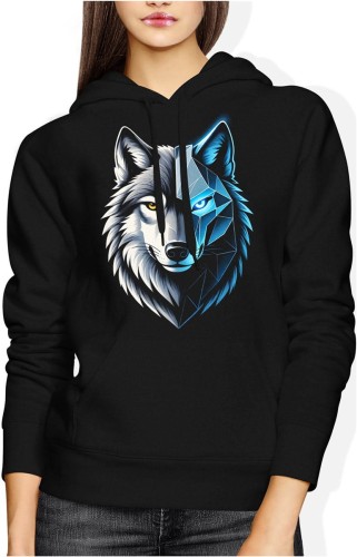 Wilk pół cyber pół realistyczny – symbol siły Damska bluza z kapturem color:#000000