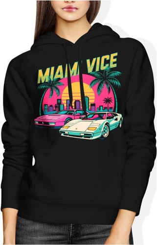 Miami Vice – retro klimat lat 80, szybkie auta i neonowe miasto Damska bluza z kapturem color:#000000