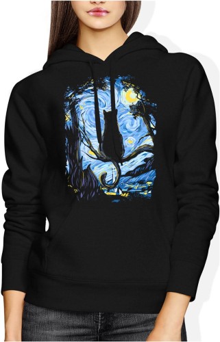 Kot w gwiaździstą noc styl van gogha artystyczny obraz Damska bluza z kapturem color:#000000