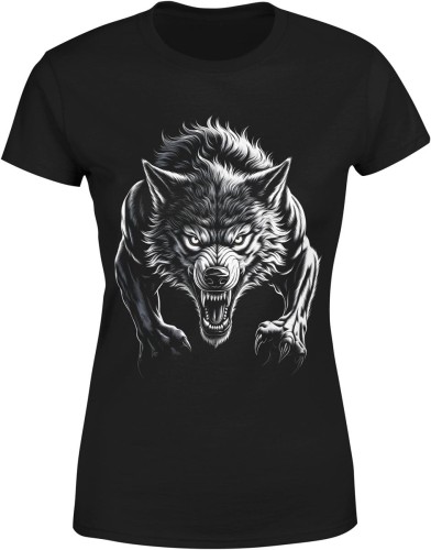 Atakujący wilk drapieżna siła dominacja instynkt bestii dzika wilkołak Damska koszulka  color:#000000