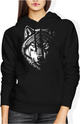 Wilk alfa nocny drapieżnik dzika natura siła charakteru leśny wojownik mocy Damska bluza z kapturem color:#000000
