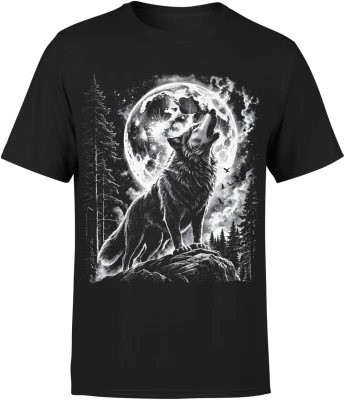Wilk wyjący do księżyca noc las natura dzikość zwierzę mrok pełnia Męska koszulka