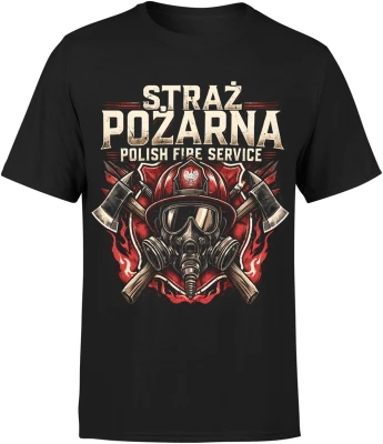 Straż Pożarna Polish Fire Service hełm maska topory ogień ratownik akcja bohater klimat Męska koszulka
