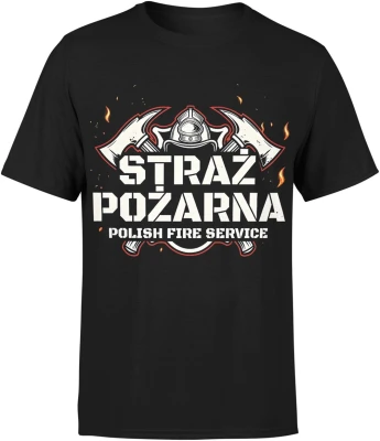Straż Pożarna Polish Fire Service hełm topory płomienie symbol służby ratowniczej prosty styl Męska koszulka