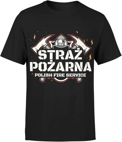 Straż Pożarna Polish Fire Service hełm topory płomienie symbol służby ratowniczej prosty styl Męska koszulka 