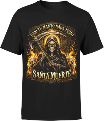 Santa Muerte złota postać śmierci kosa płomienie czaszki religijny mroczny motyw styl tattoo Męska koszulka
