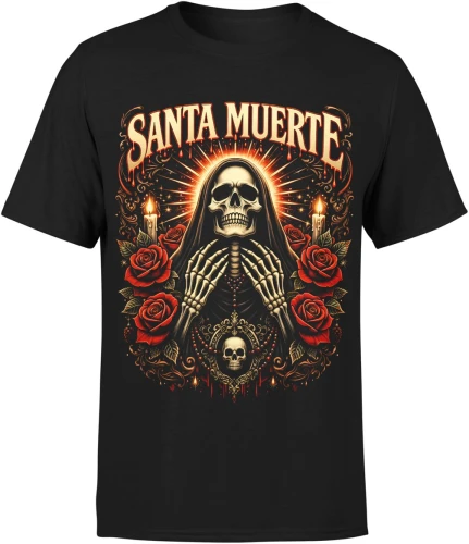 Santa Muerte czaszka róże świece mistyczny klimat religijny symbol śmierci tattoo dark styl Męska koszulka 