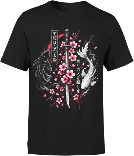 Karp koi yin yang katana sakura styl japoński zen samuraj ryba koi orientalny motyw Japonia Męska koszulka 