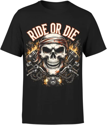 Czaszka biker motocykl ride or die ogień łańcuchy adrenalina wolność droga styl moto Męska koszulka