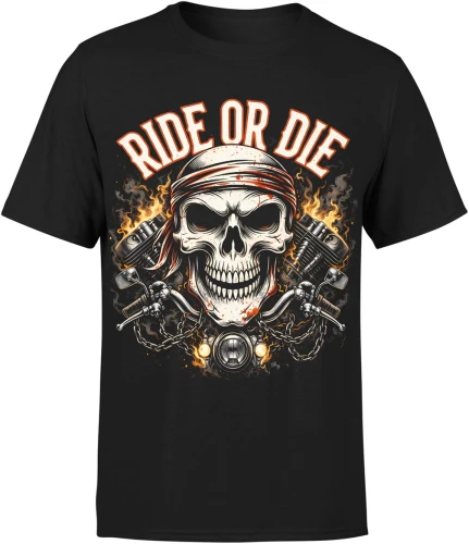 Czaszka biker motocykl ride or die ogień łańcuchy adrenalina wolność droga styl moto Męska koszulka 