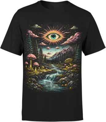 Mistyczne oko krajobraz góry las wodospad grzyby surrealizm psychodela natura fantasy Męska koszulka