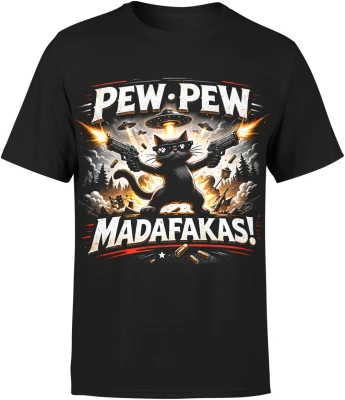 Kot z bronią UFO eksplozja humor akcja kosmos mem styl gangsta Męska koszulka