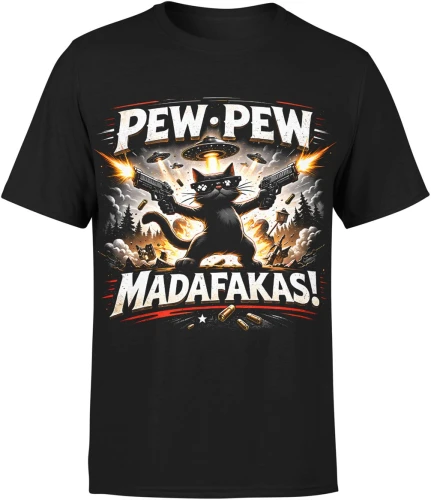 Kot z bronią UFO eksplozja humor akcja kosmos mem styl gangsta Męska koszulka 