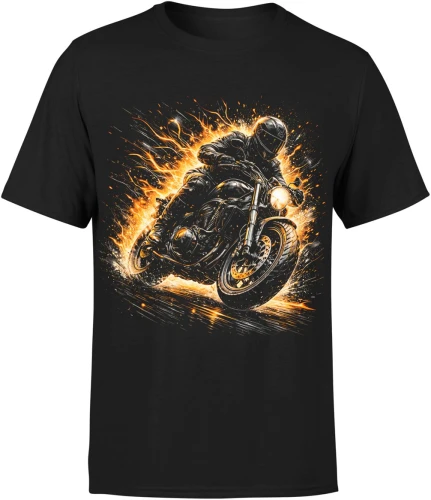 Motocyklista w płomieniach szybka jazda noc adrenalina ogień dynamiczna akcja biker klimat Męska koszulka 