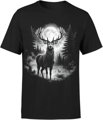 Jeleń w lesie noc księżyc natura dzikie zwierzę mgła klimat wilderness spokojny styl Męska koszulka