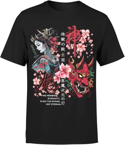 Japoński demon oni gejsza maska sakura kultura japonia samuraj klimat azjatycki styl artystyczny Męska koszulka 