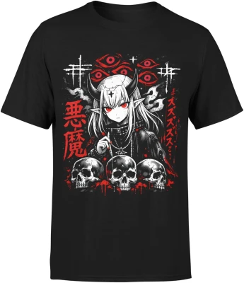 Anime demon girl czaszki mroczny styl goth manga horror japoński klimat dark Męska koszulka