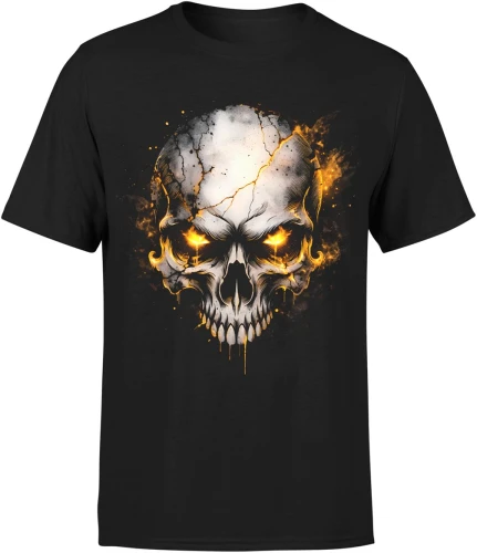 Czaszka ogień złote oczy mroczny klimat horror styl dark skull ognisty motyw streetwear Męska koszulka color:#000000