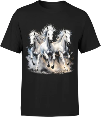 Trzy białe konie galop siła natura dynamika elegancja stado wolność Męska koszulka