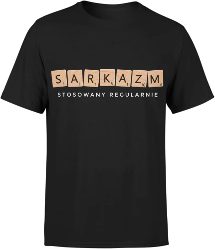 Sarkazm stosowany regularnie scrabble litery gra słowna humor ironia tekst minimalizm Męska koszulka color:#000000