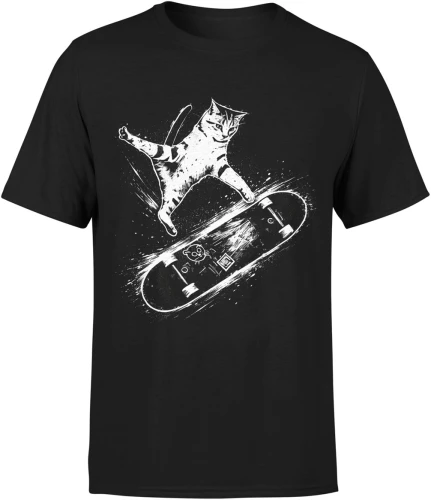 Kot na deskorolce skate trick zwierzę sport uliczny dynamiczny styl czarno biały Męska koszulka color:#000000
