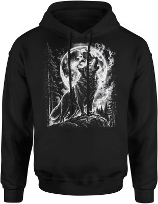 Wilk wyjący do księżyca noc las natura dzikość zwierzę mrok pełnia Męska bluza z kapturem