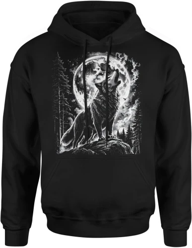 Wilk wyjący do księżyca noc las natura dzikość zwierzę mrok pełnia Męska bluza z kapturem 