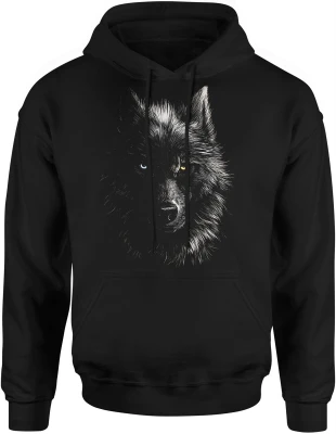 Wilk portret pół twarzy oczy kontrast dzikość natura tajemnica zwierzę mroczny styl Męska bluza z kapturem