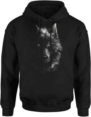 Wilk portret pół twarzy oczy kontrast dzikość natura tajemnica zwierzę mroczny styl Męska bluza z kapturem 