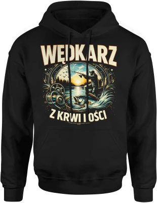 Wędkarz z krwi i kości jezioro ryba zachód słońca pasja hobby natura relaks Męska bluza z kapturem