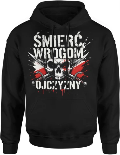 Śmierć Wrogom Ojczyzny czaszka miecze patriotyczny symbol walka honor siła czerwono biała Męska bluza z kapturem 