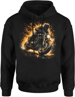 Motocyklista w płomieniach szybka jazda noc adrenalina ogień dynamiczna akcja biker klimat Męska bluza z kapturem