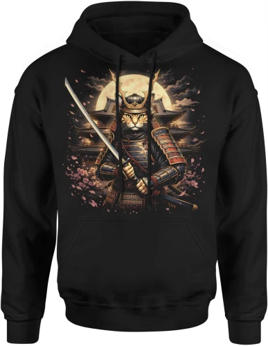 Kot samuraj katana Japonia wojownik honor styl orientalny sztuka walki klimat retro Męska bluza z kapturem 