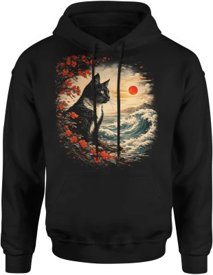 Kot ocean fale zachód słońca natura krajobraz spokój estetyka przyroda styl Męska bluza z kapturem