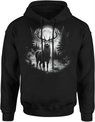 Jeleń w lesie noc księżyc natura dzikie zwierzę mgła klimat wilderness spokojny styl Męska bluza z kapturem
